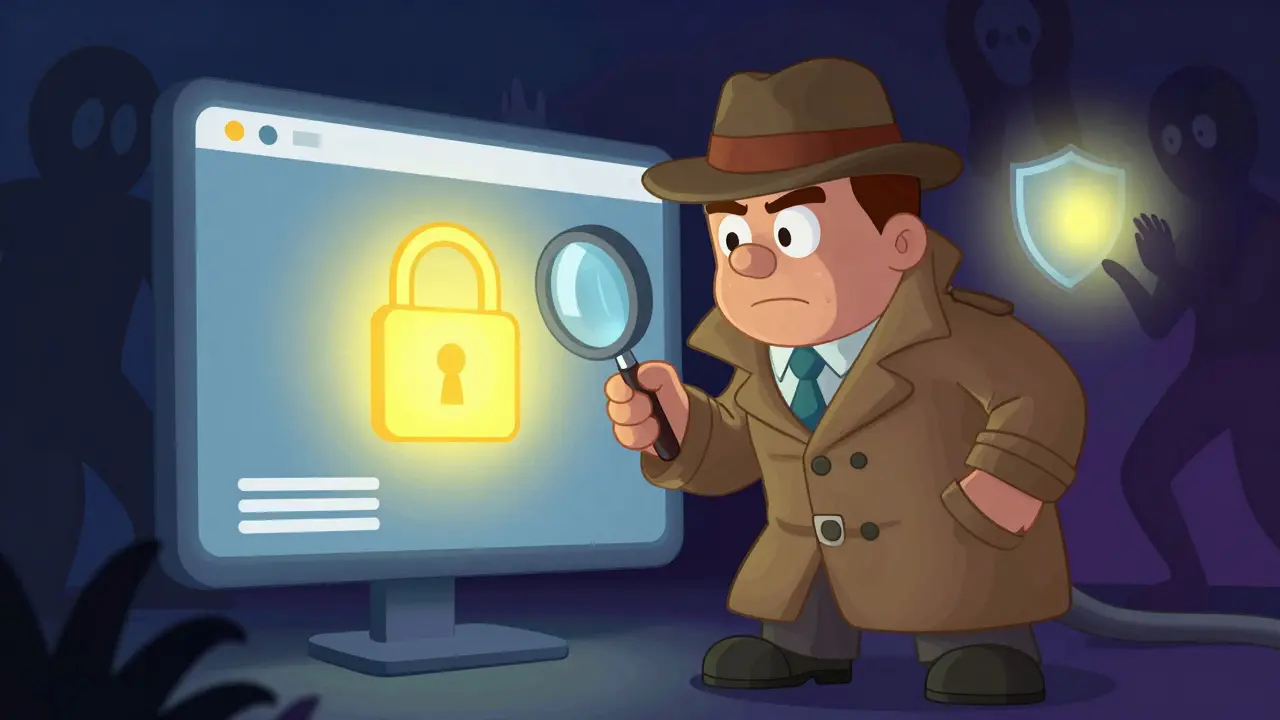 Detective cartoon character checking for online pharmacy safety seals.