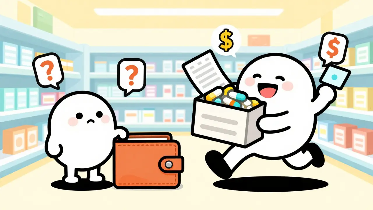 Happy cartoon shopper with bulk meds and coupons vs sad empty wallet.