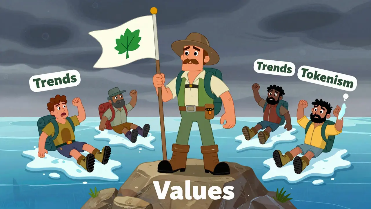 Hiker standing firm on values while others slip on trend ice.