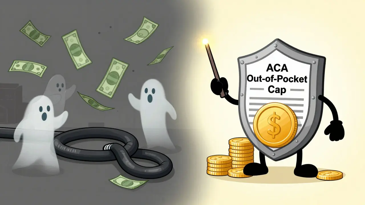 Illustration showing how insurance rules changed to protect out-of-pocket maximums in vintage animation style.