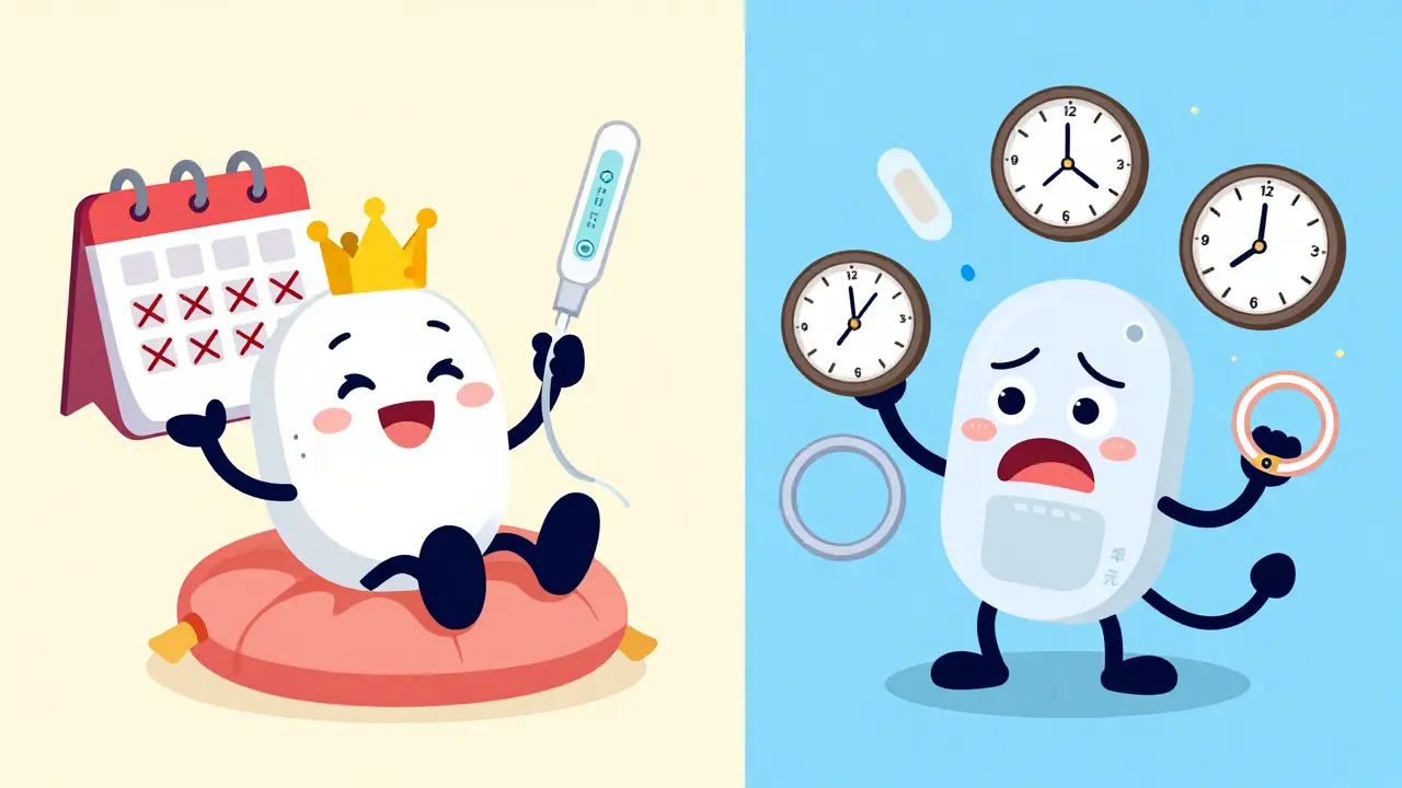 Rubber hose cartoon comparing IUD convenience vs patch and ring effort