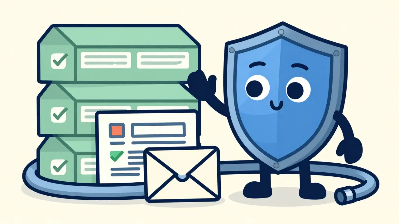 Shield character guarding mailboxes with an envelope nearby
