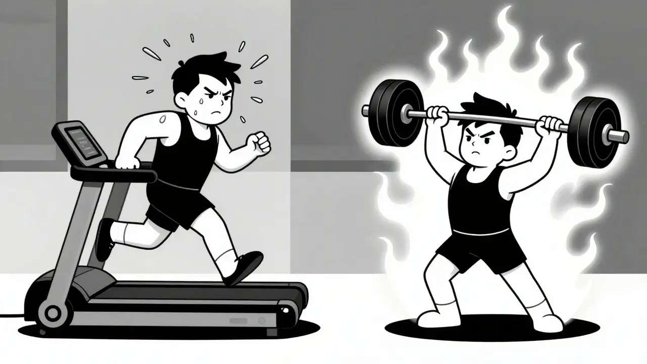 Split screen: tired runner vs strong lifter with afterburn effect