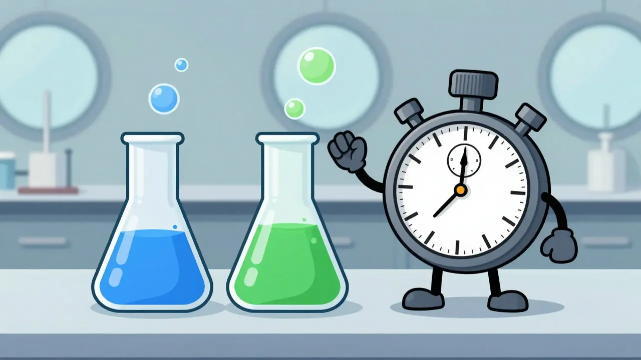 Vintage animated beakers with bubbles rising, watched by a stopwatch character