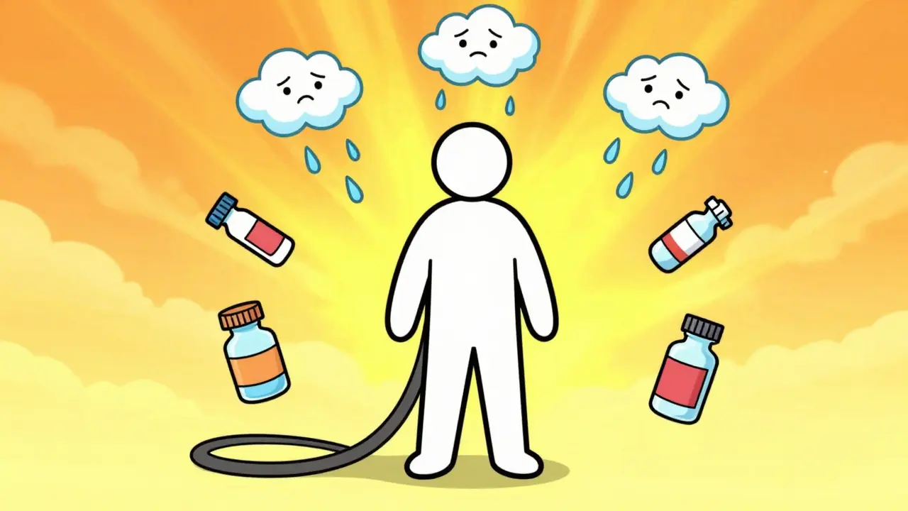 Abstract cartoon showing meds blocking sweat clouds in heat