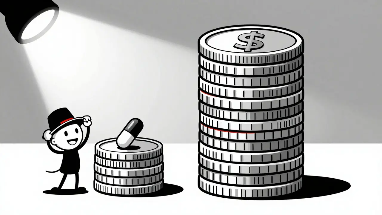Cartoon comparison of cheap vs expensive pills