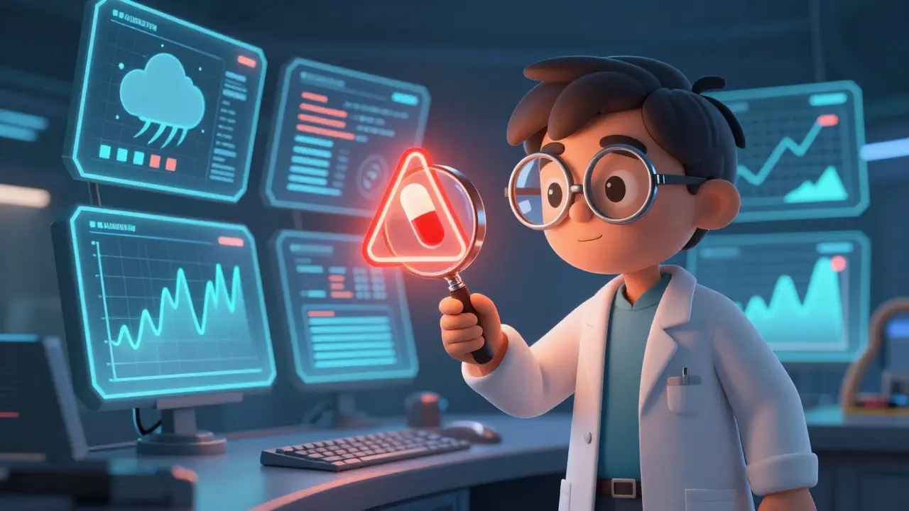 Cartoon scientist analyzing data warnings in a retro control room