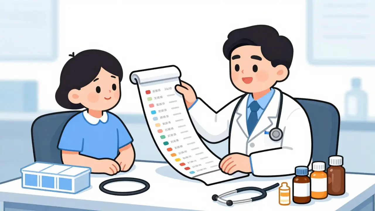 Doctor and patient reviewing a medication list together in a clinic setting
