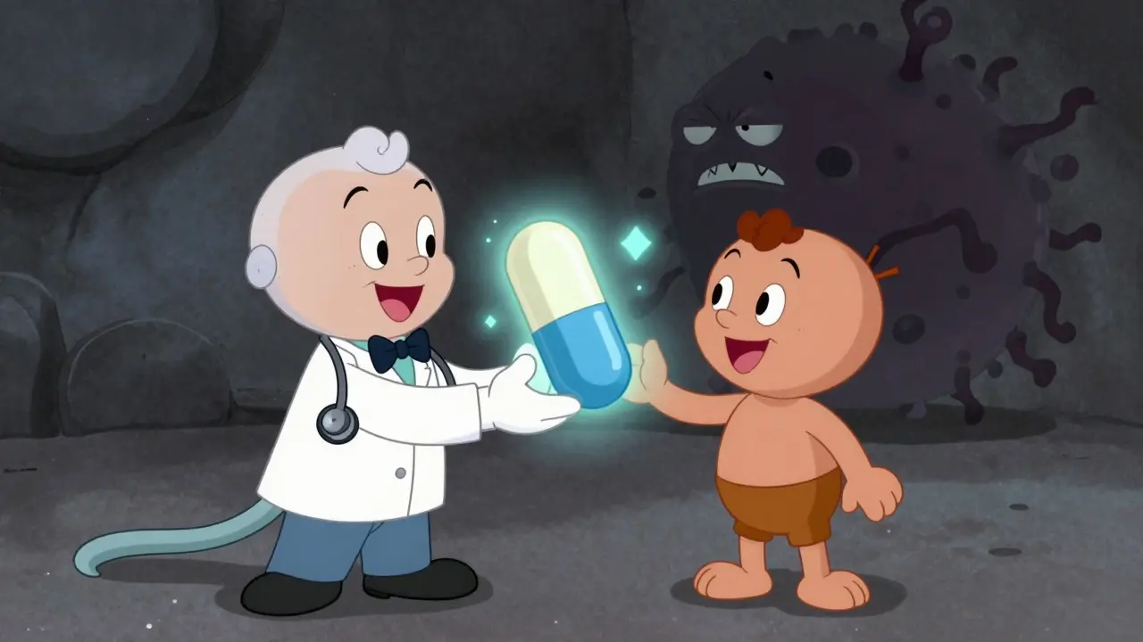 Doctor character giving healing pill to shrinking tumor