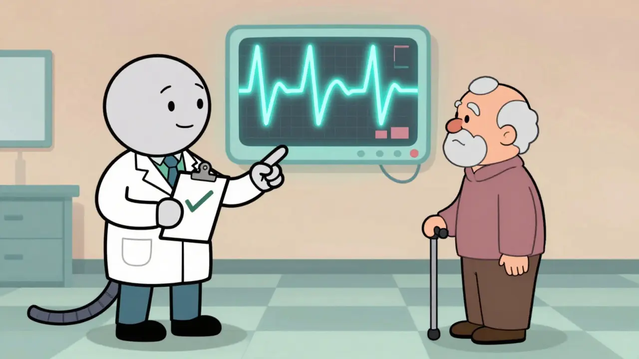 Doctor pointing at patient with a twisting ECG wave snake between them.