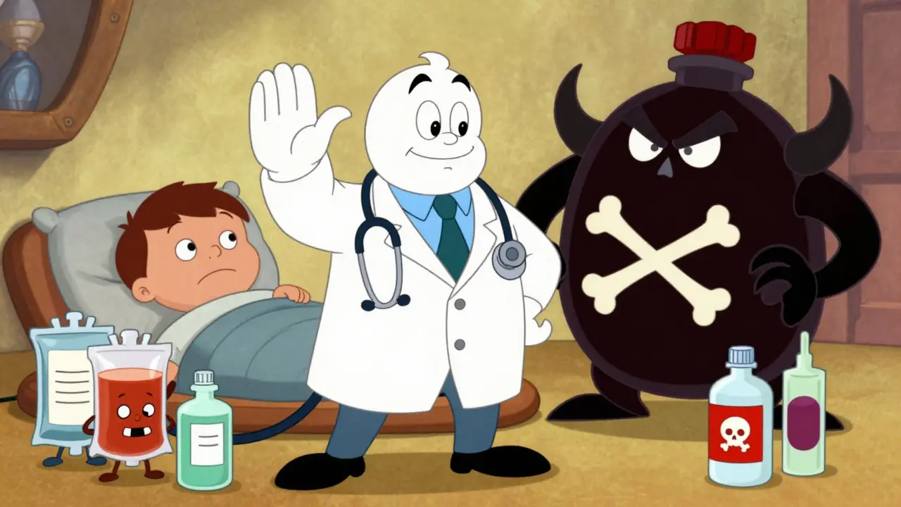 Doctor stopping a bad drug bottle to save a patient, cartoon style