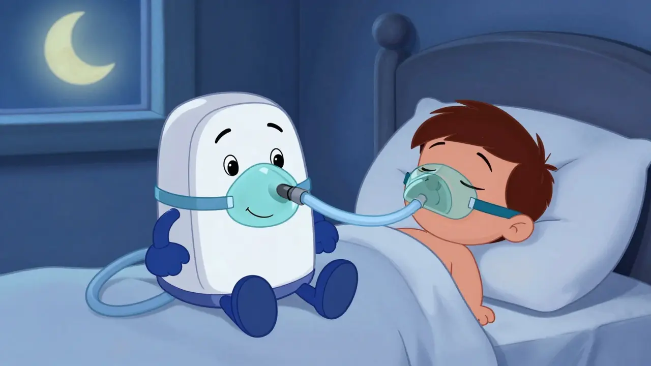 Friendly CPAP machine helping cartoon man sleep peacefully