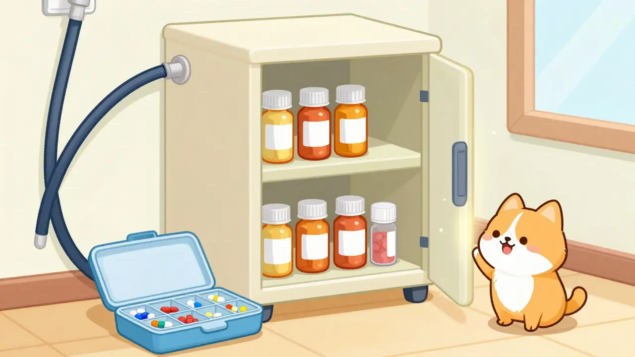 Locked medicine cabinet and organized pill box ensuring safe home storage