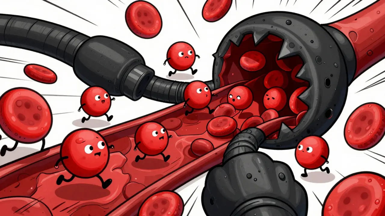 Personified blood cells fighting clots in 1930s cartoon style