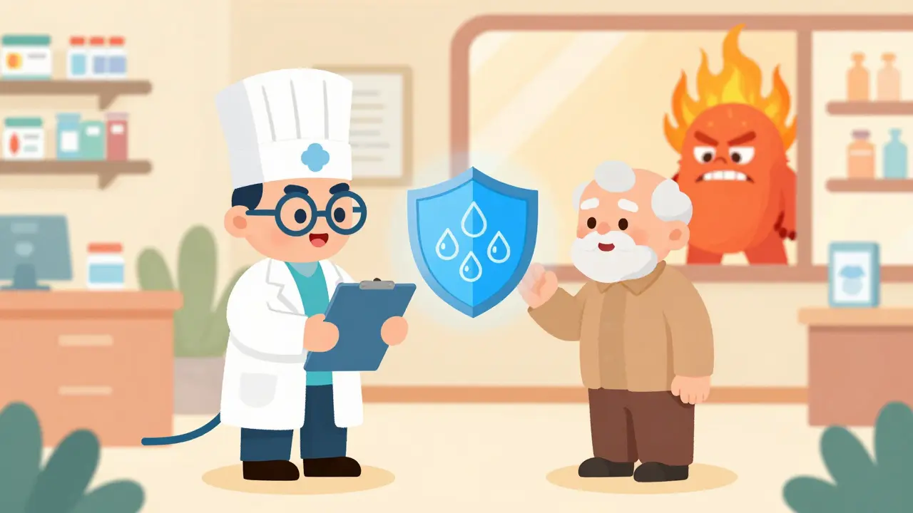 Pharmacist giving advice to senior with protection shield