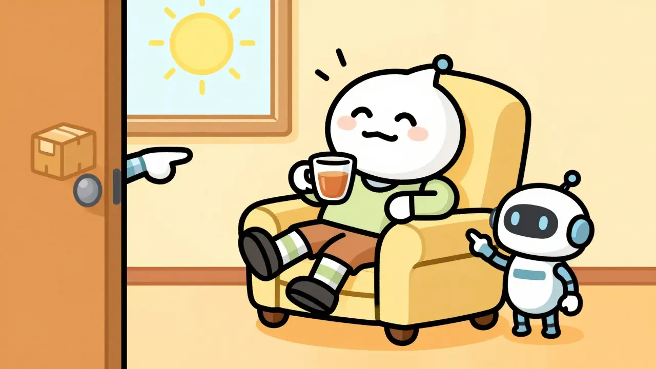 Relaxed cartoon character receiving medicine delivery