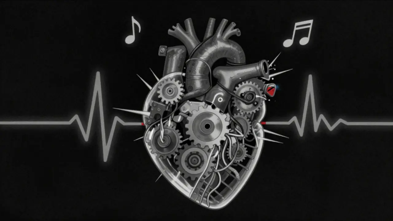 Stylized mechanical heart with tangled wires and sparks in dark void.