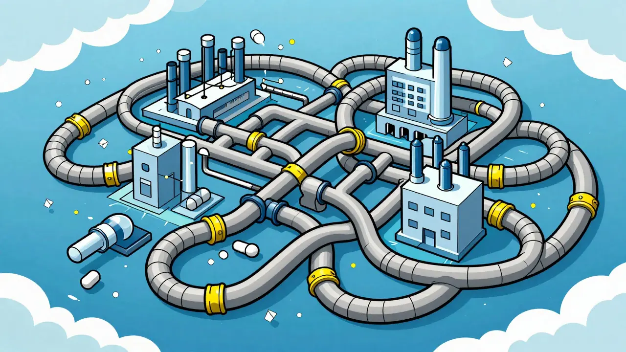 Tangled rubber hoses representing a fragile global supply chain