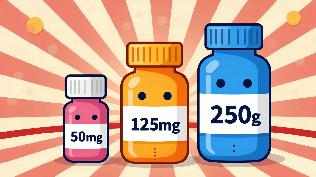 Three smiling pill bottles representing dosages