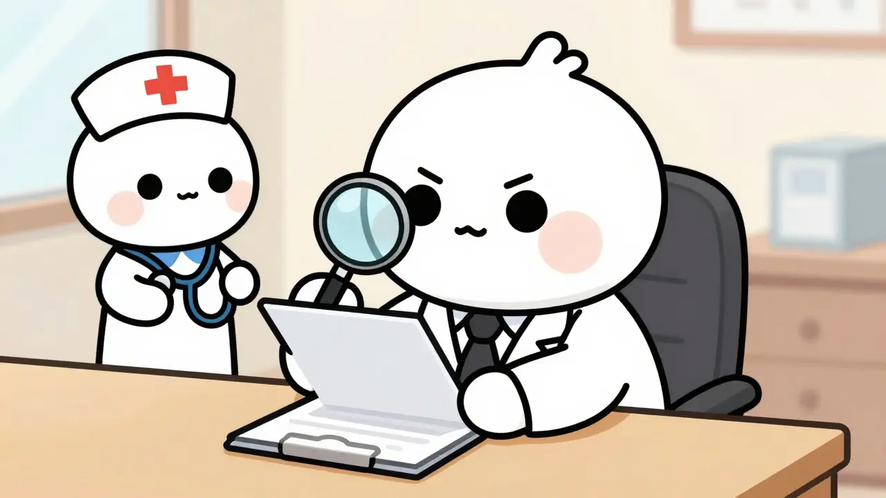 Vintage animated doctor reviewing patient file
