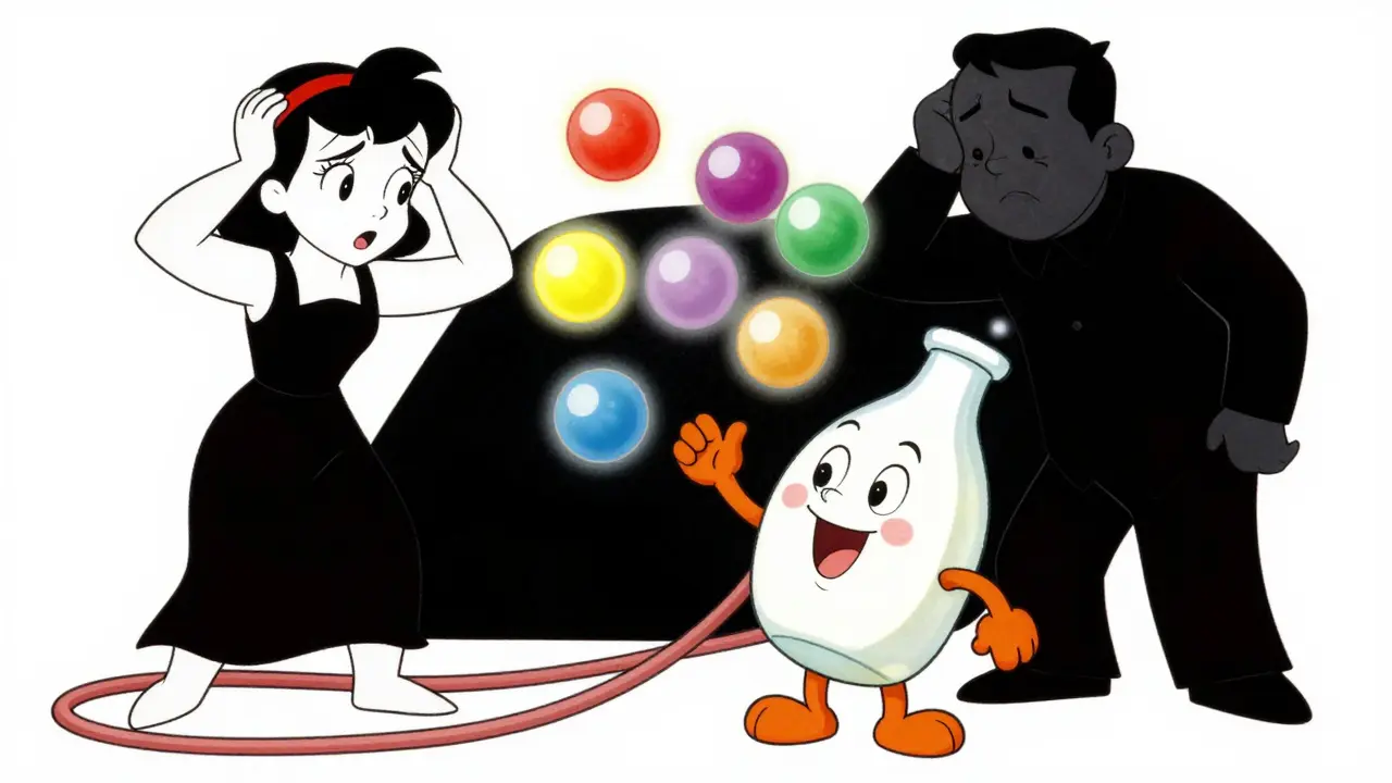 Vintage animation of chaotic hormone juggling causing symptoms