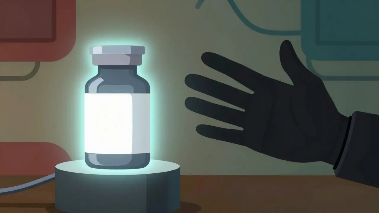 Vintage style illustration comparing a safe medicine bottle with a rejected fake version