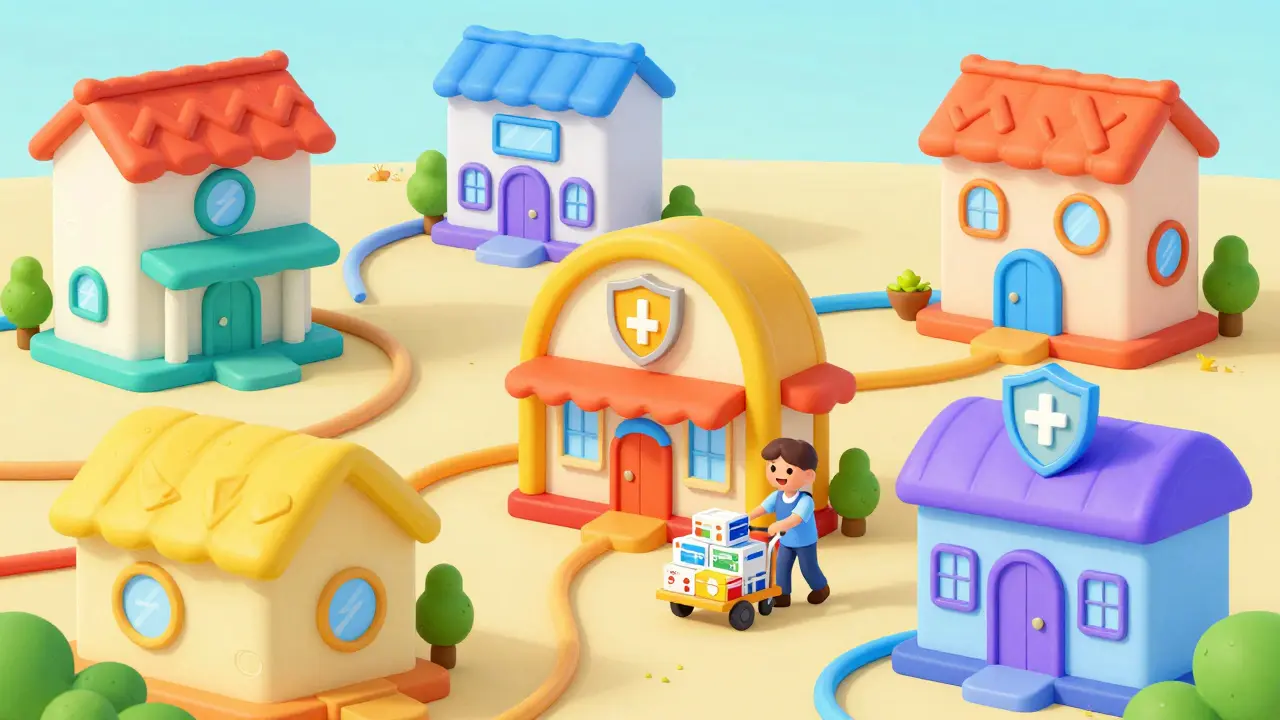 Whimsical cartoon marketplace with various pharmacy buildings and a safe shopping cart