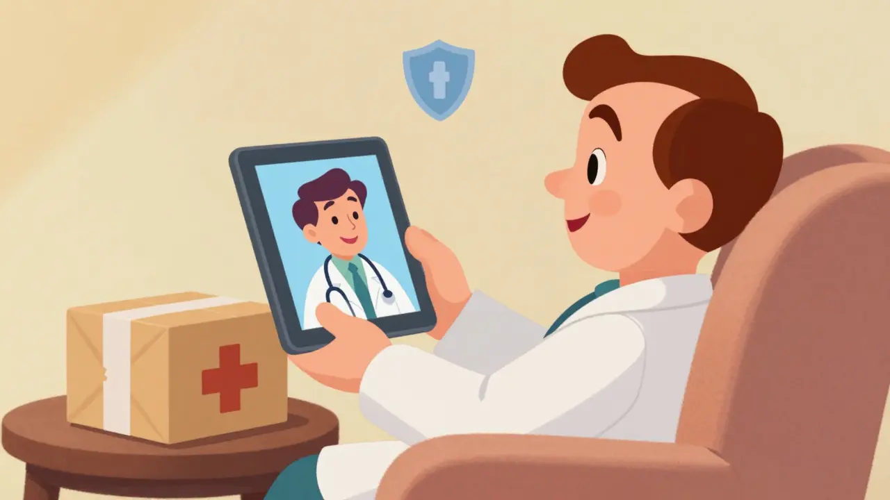 Animated character doing safe telehealth consult for antibiotics online