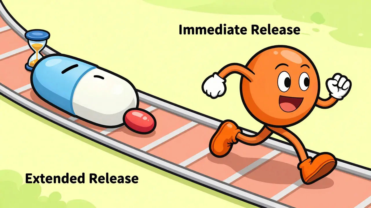 Animated pills racing through intestine track, one slow and one fast
