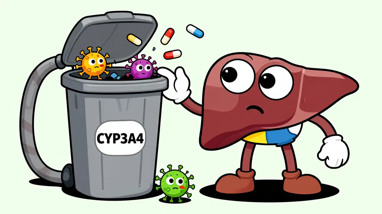 Anthropomorphic liver with clogged enzyme bin blocking hormone metabolism in retro style.