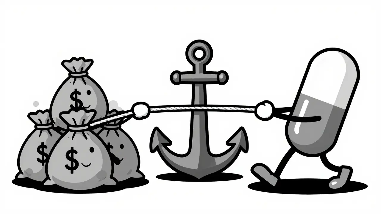 Anthropomorphic money bags and drug capsule playing tug-of-war over rebates in vintage cartoon style.