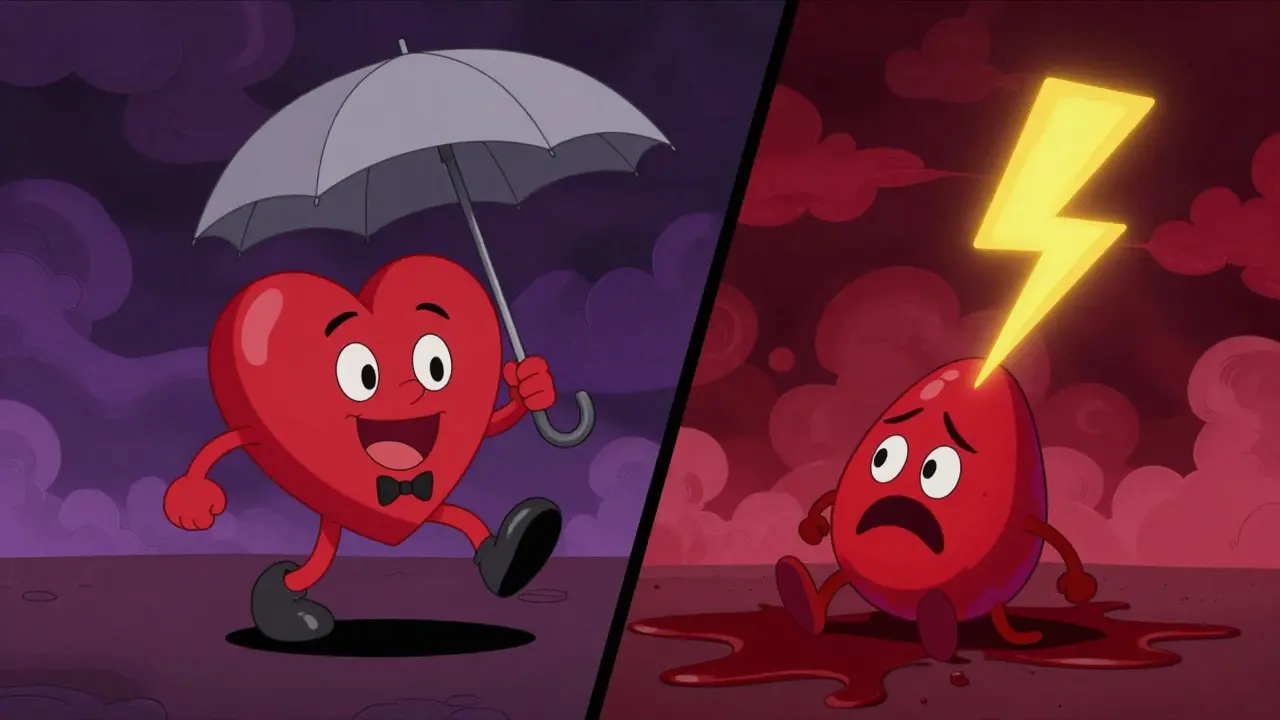 Cartoon heart safe under a statin umbrella vs a blood cell slipping on a bleeding hazard.