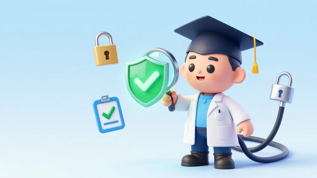 Cartoon pharmacist checking safety shield with magnifying glass