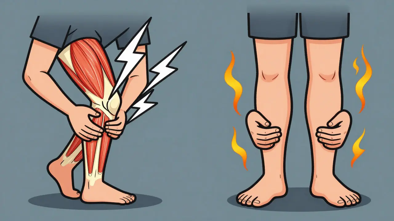 Cartoon showing difference between muscle pain and nerve tingling