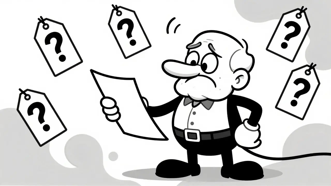 Confused senior citizen holding an infinitely stretching prescription in black and white animation style.