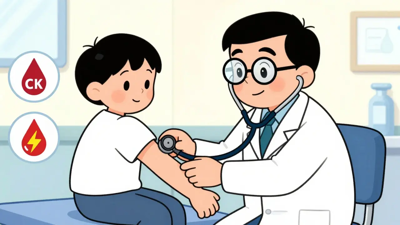 Doctor examining patient with medical test icons nearby
