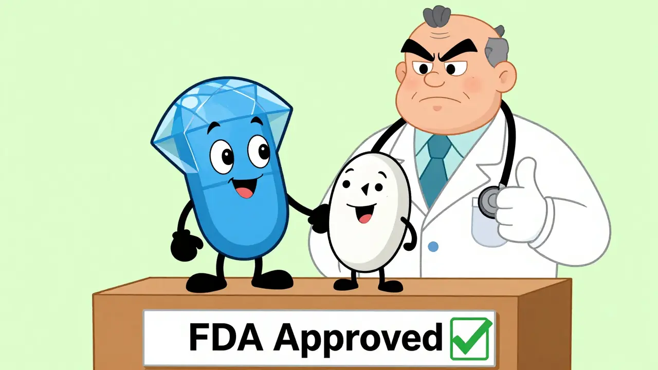 Friendly cartoon pills representing generic vs brand name medication