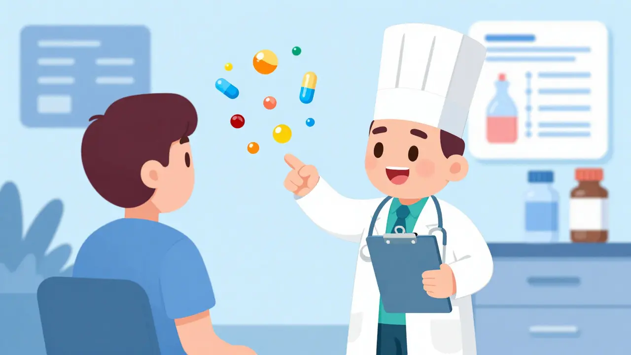 Friendly pharmacist guiding patient with various medication forms