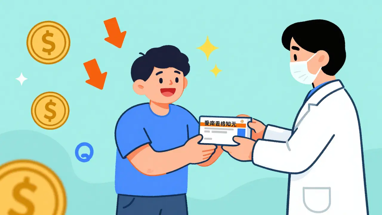 Happy cartoon patient receiving generic meds from pharmacist with savings symbols