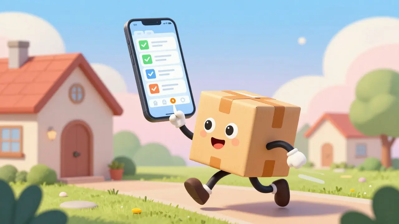 Happy delivery package running to a house in rubber hose animation