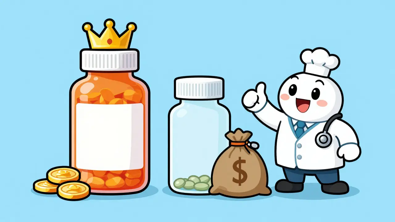 Illustration comparing expensive brand name vs cheap generic pills