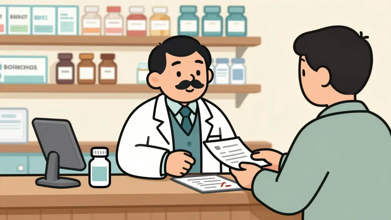 Pharmacist verifying a prescription with a customer in vintage style