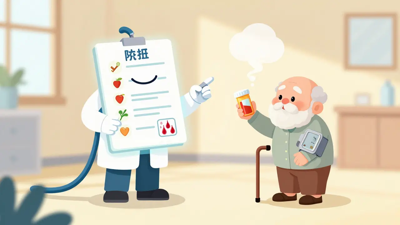 Retro cartoon doctor pointing to healthy lifestyle choices instead of aspirin pills.
