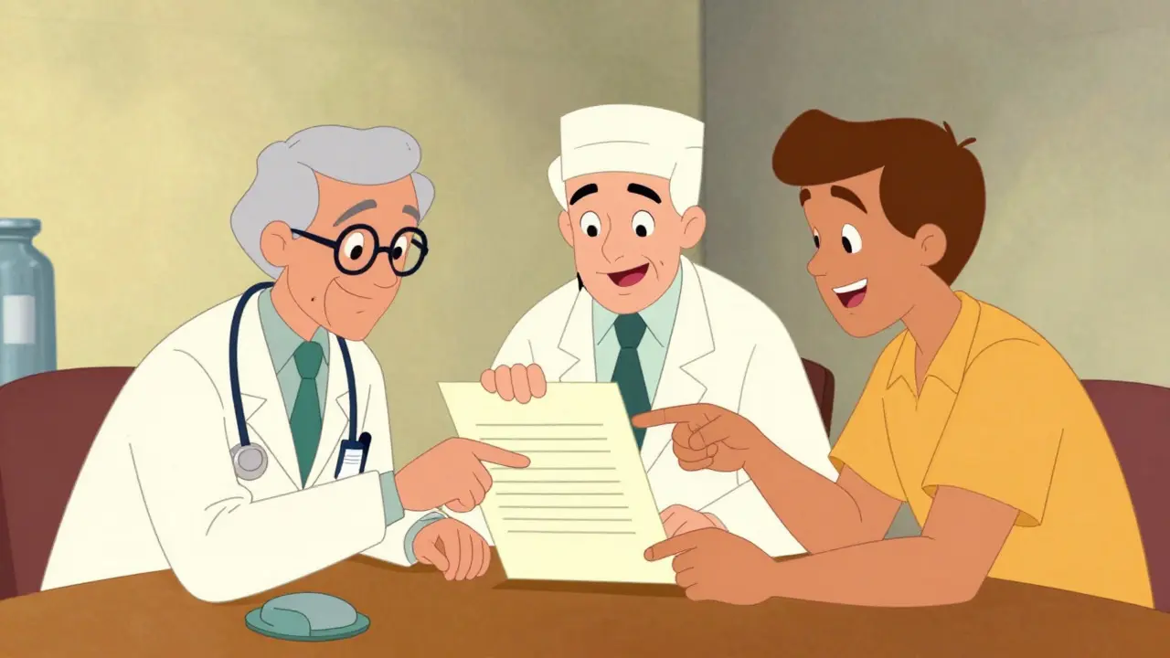Rubber hose animation of medical team collaborating over a paper chart