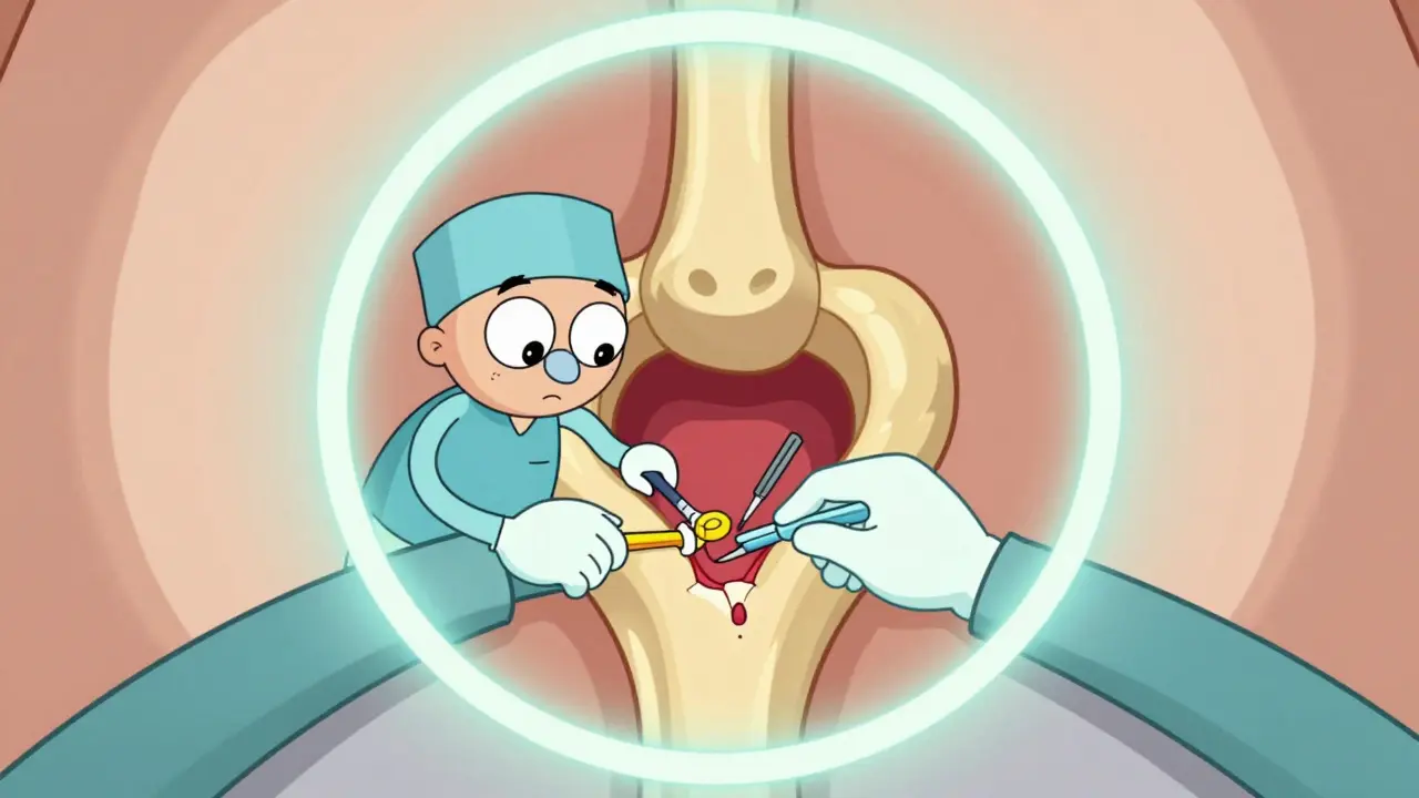 Rubber hose style illustration of minimally invasive hip repair