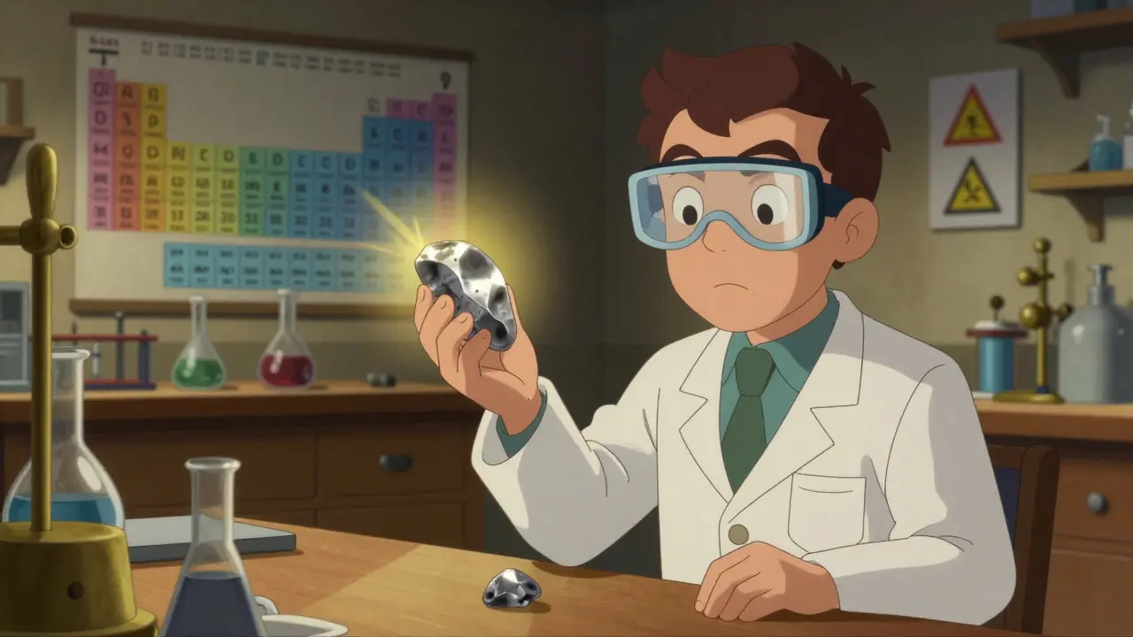 Scientist handling reactive lithium metal in a retro laboratory