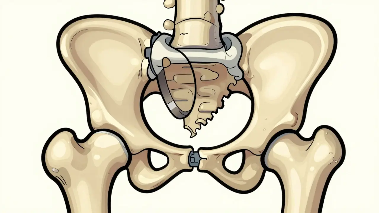 Vintage cartoon style diagram of hip joint with torn labrum gasket