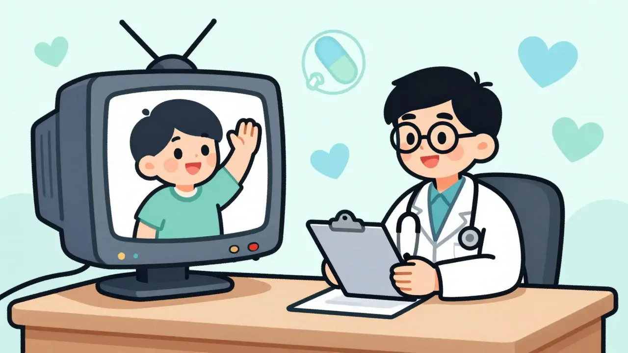 Vintage style doctor consulting with patient via retro TV screen