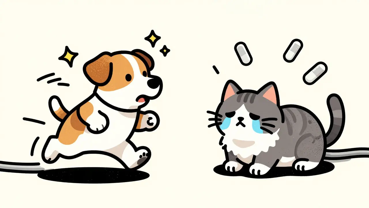 Agitated dog and lethargic cat showing drug side effects in vintage art