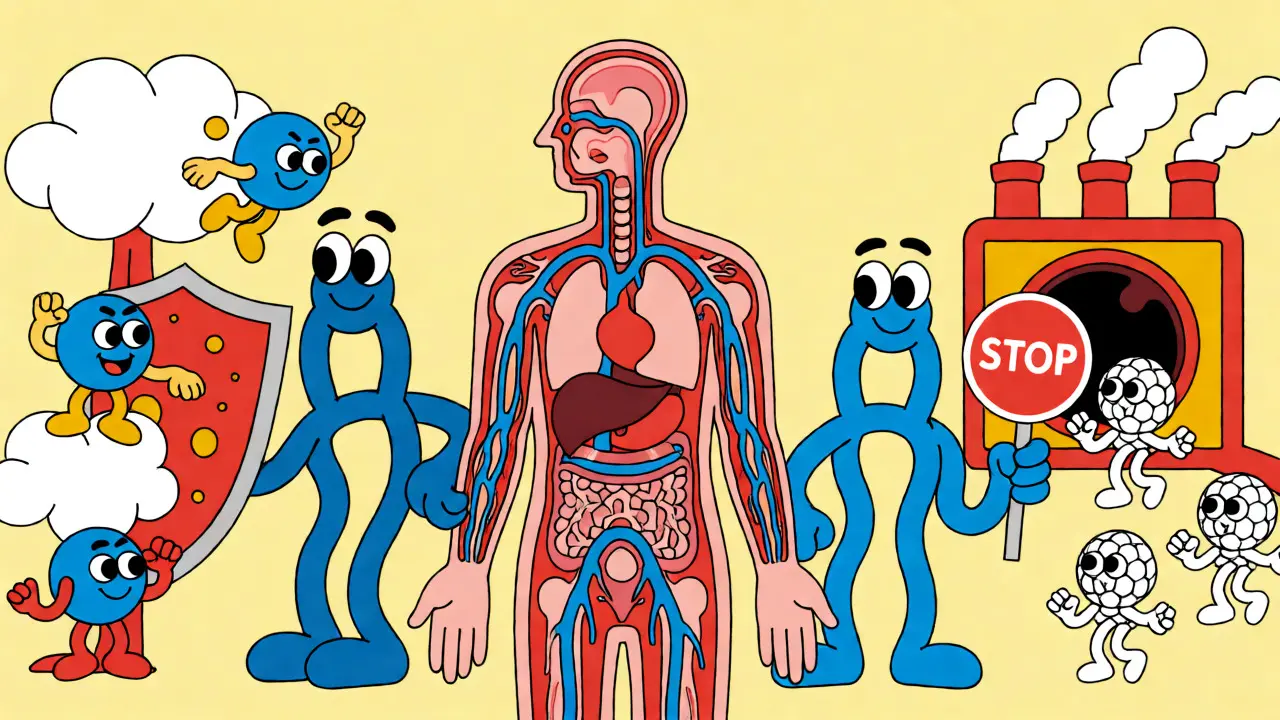 Animated antibodies blocking IgE and eosinophil pathways in a body diagram